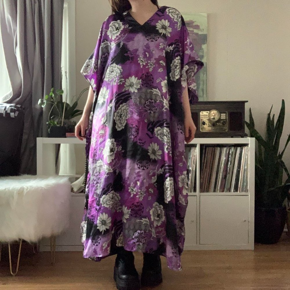 Purple Satin Floral Kaftan